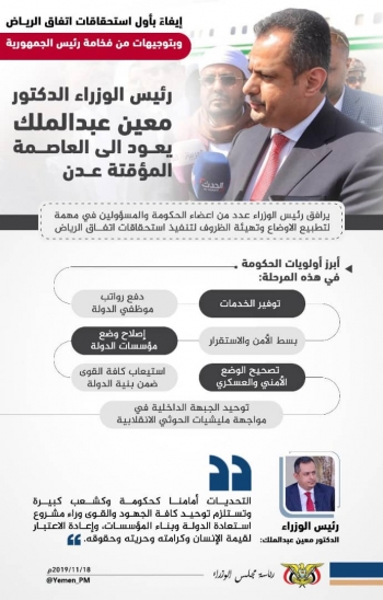 إنفوجرافيك: رئيس الوزراء د.معين عبدالملك يعود للعاصمة المؤقتة عدن